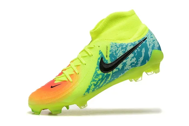 Nike Amarelo Azul Alto-Corte Colar Tricô Cordões Assimétricos Superfície Firme Sapatos de Futebol 5