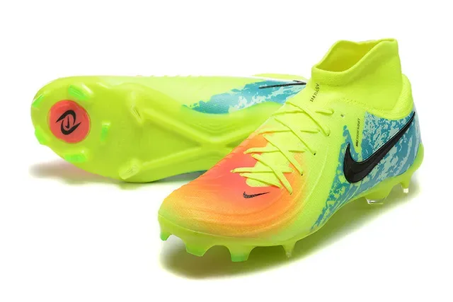 Nike Amarelo Azul Alto-Corte Colar Tricô Cordões Assimétricos Superfície Firme Sapatos de Futebol 7