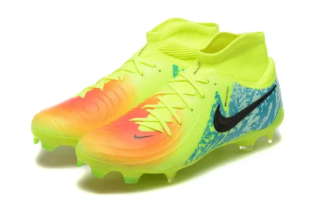 Nike Amarelo Azul Alto-Corte Colar Tricô Cordões Assimétricos Superfície Firme Sapatos de Futebol 8