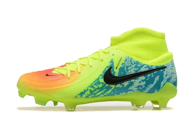 Nike Amarelo Azul Alto-Corte Colar Tricô Cordões Assimétricos Superfície Firme Sapatos de Futebol 10