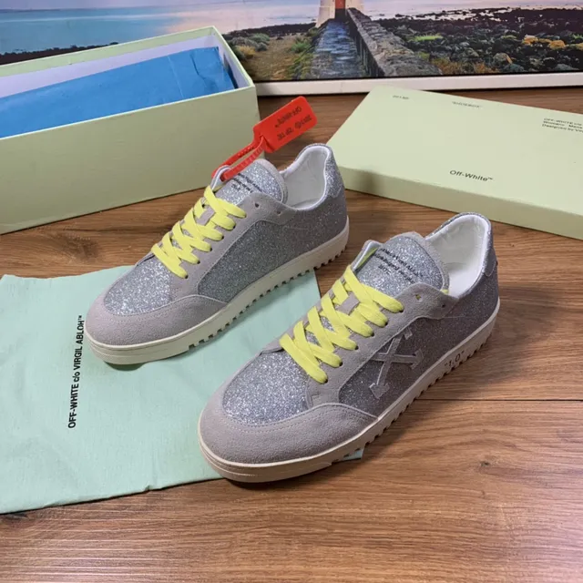 Off-White Industrial Sneaker Argent Brillant Daim Gris Lacets Jaunes Baskets Lifestyle 8