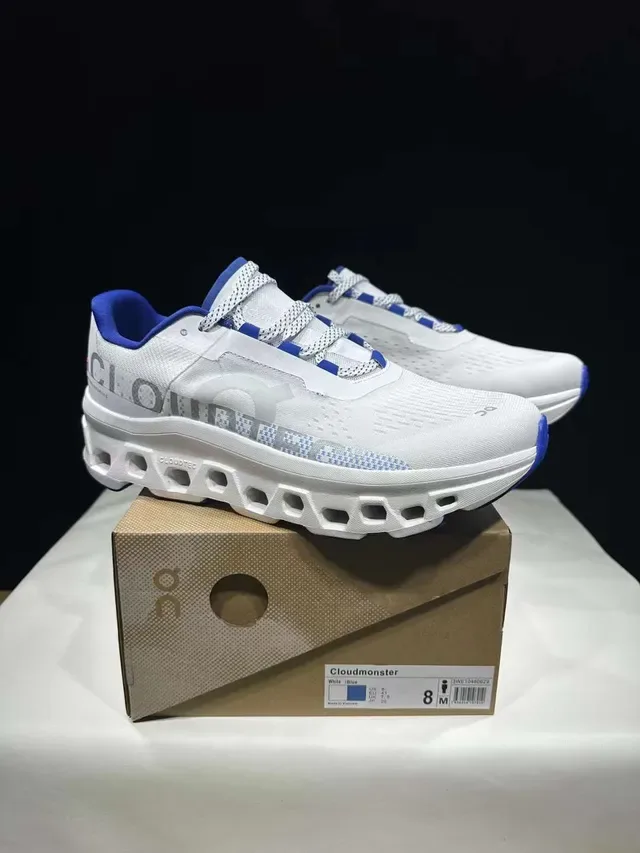 On Cloudmonster Zapatillas Running Blancas y Azules 8