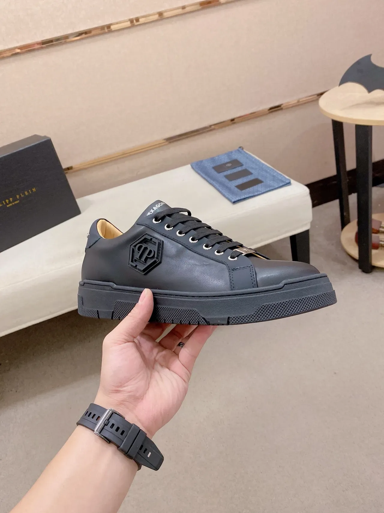 Philipp Plein Black Beige Smooth Leather Upper Hexagonal PP Logo Lifestyle Sneakers 5