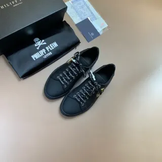 Philipp Plein काला स्वर्ण चमड़े जैसी ऊपरी चिह्न-मुद्रित डोरी लाइफस्टाइल स्नीकर