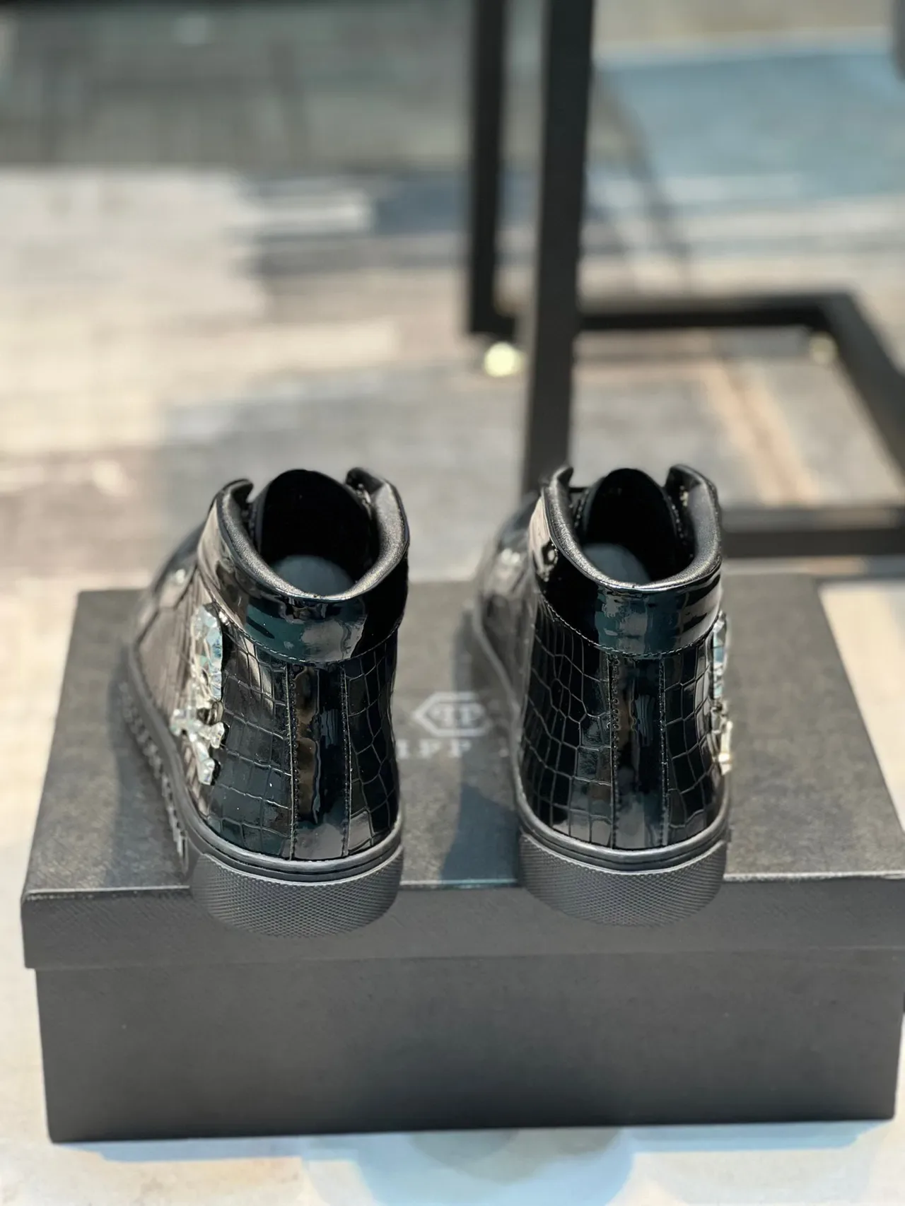 Philipp Plein Negro Plata Zapatillas Lifestyle Altas Cuero Patent Croc Embossed 2