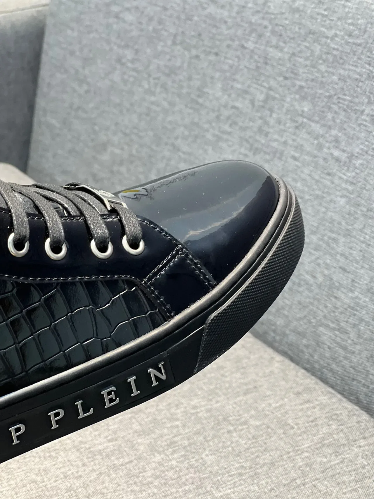 Philipp Plein Negro Plata Zapatillas Lifestyle Altas Cuero Patent Croc Embossed 3