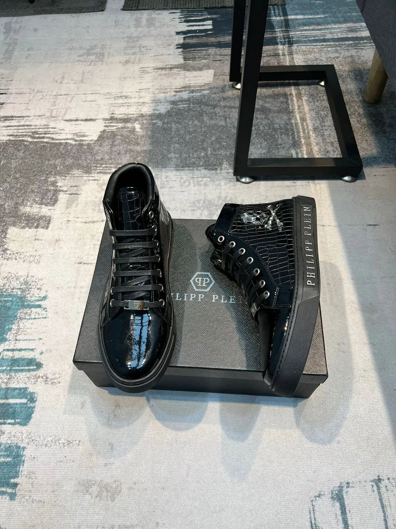 Philipp Plein Negro Plata Zapatillas Lifestyle Altas Cuero Patent Croc Embossed 4