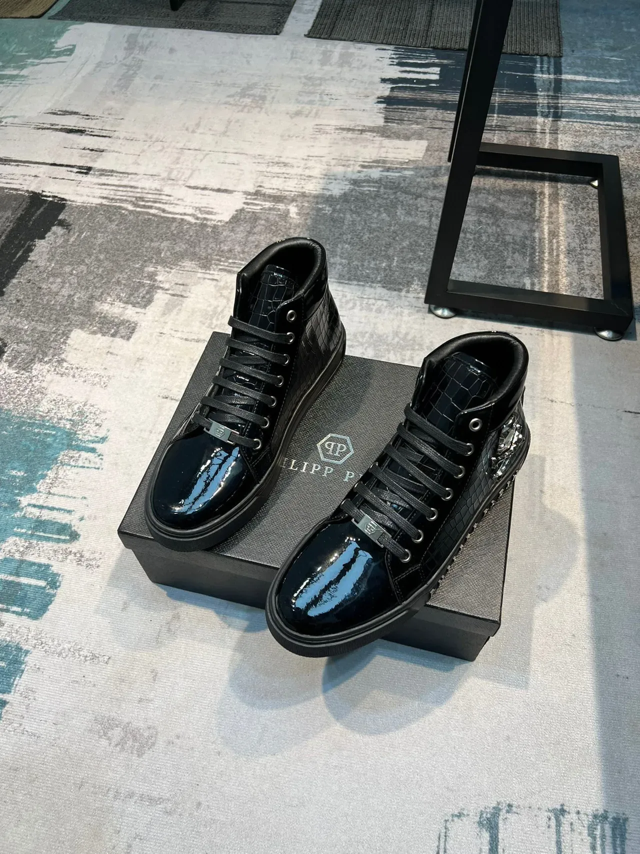 Philipp Plein Negro Plata Zapatillas Lifestyle Altas Cuero Patent Croc Embossed 5