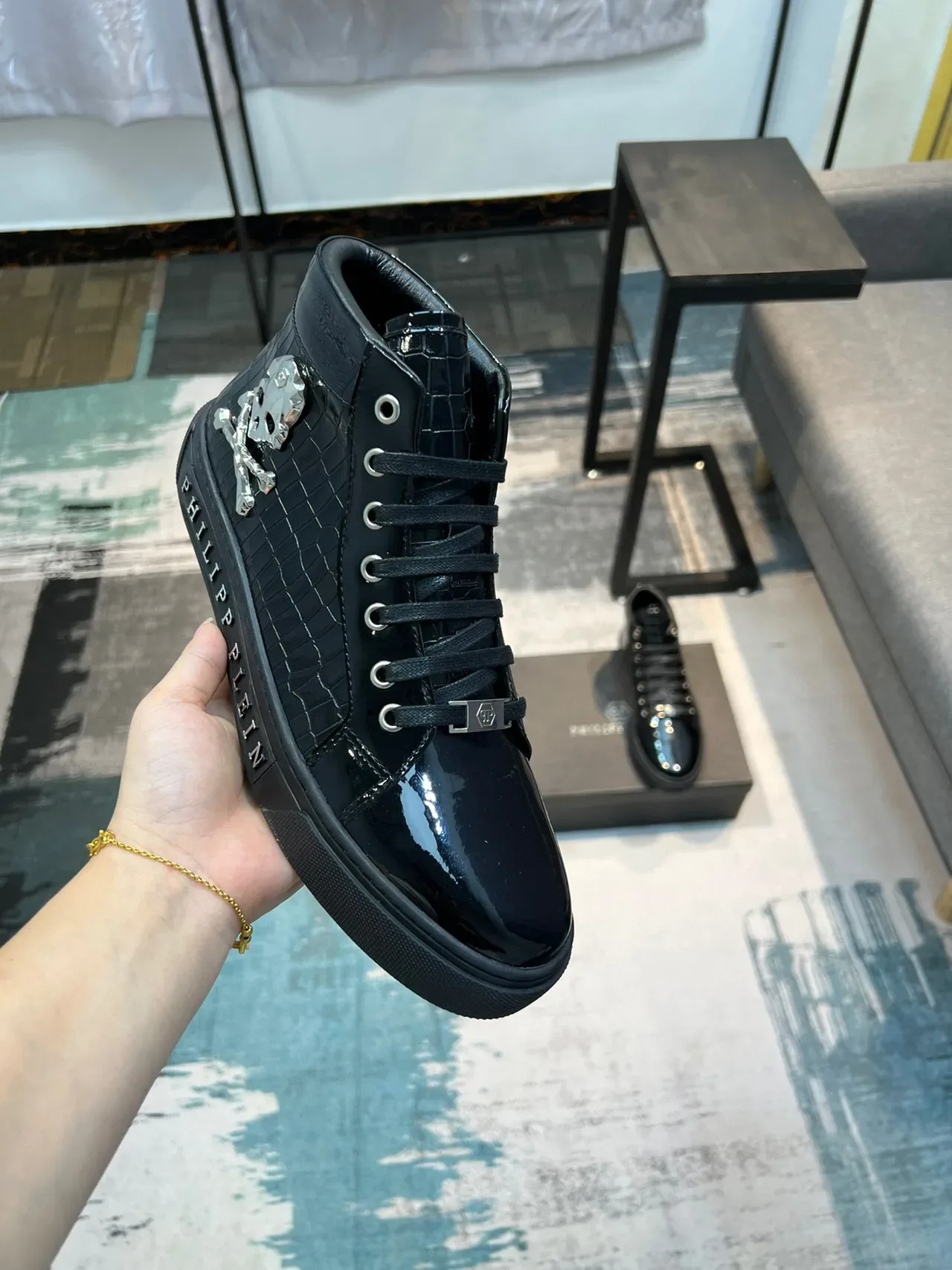 Philipp Plein Negro Plata Zapatillas Lifestyle Altas Cuero Patent Croc Embossed 6