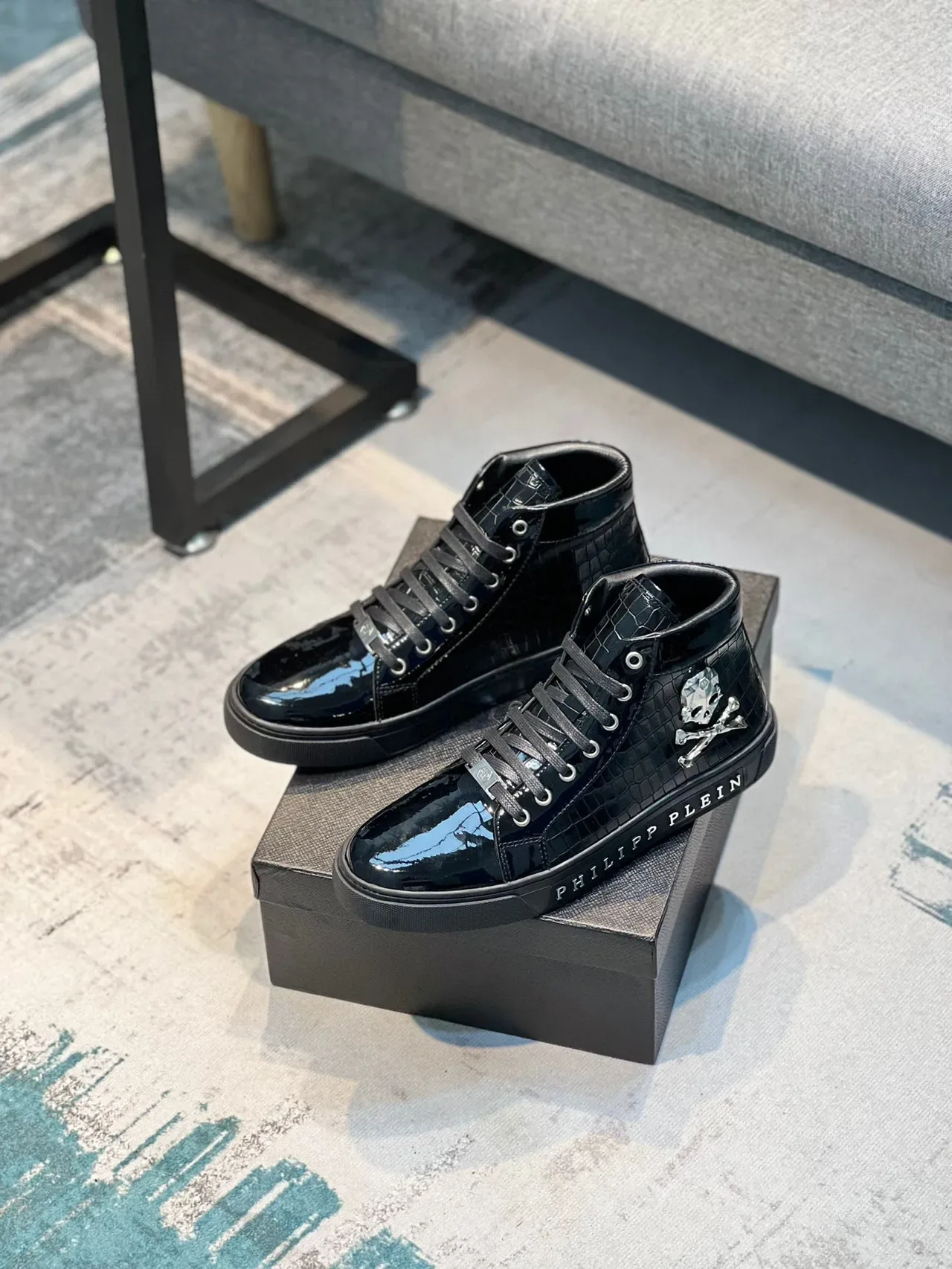 Philipp Plein Negro Plata Zapatillas Lifestyle Altas Cuero Patent Croc Embossed 7