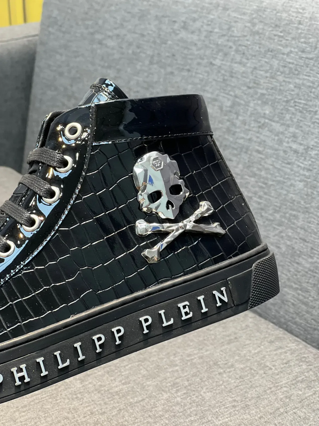 Philipp Plein Negro Plata Zapatillas Lifestyle Altas Cuero Patent Croc Embossed 8