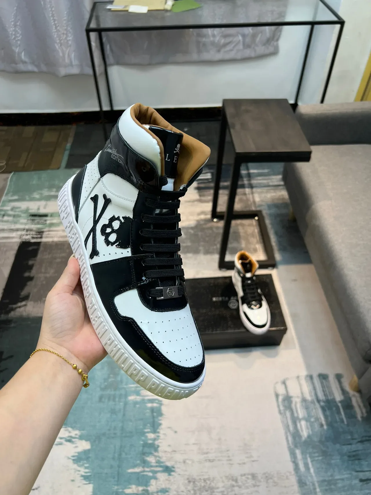 Philipp Plein أسود أبيض عالي الرباط جلد لامع تكونست أسلوب حياة حذاء رياضي 6