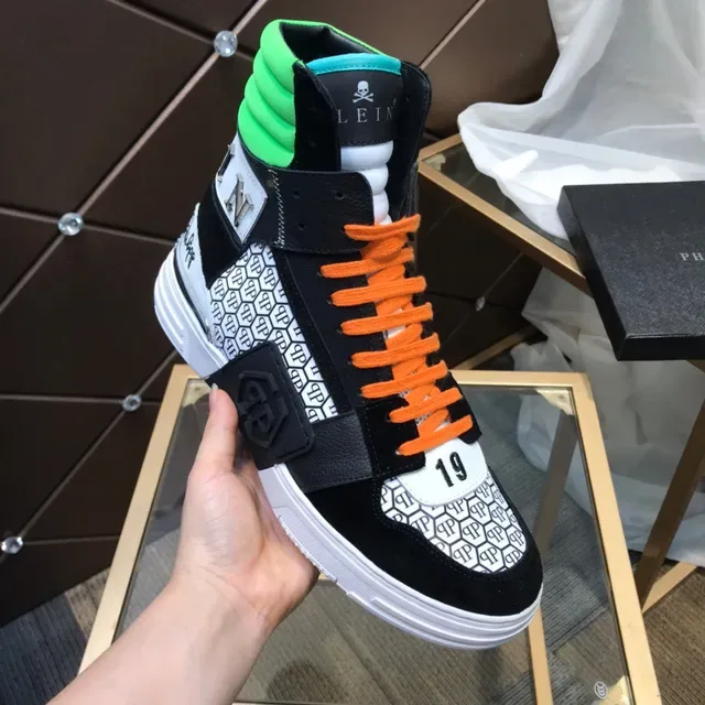 Philipp Plein Tênis de Cano Alto Preto Laranja Verde Padrão Hexagonal Lifestyle Tênis 2