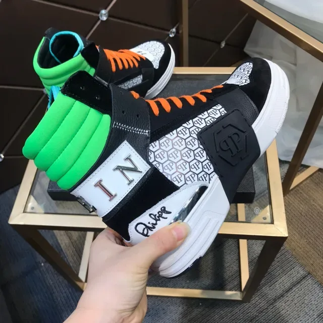 Philipp Plein Tênis de Cano Alto Preto Laranja Verde Padrão Hexagonal Lifestyle Tênis 3