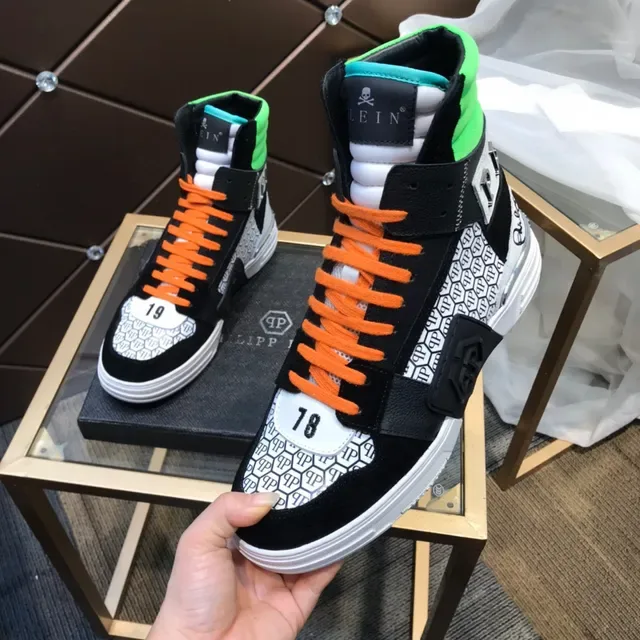 Philipp Plein Tênis de Cano Alto Preto Laranja Verde Padrão Hexagonal Lifestyle Tênis 4