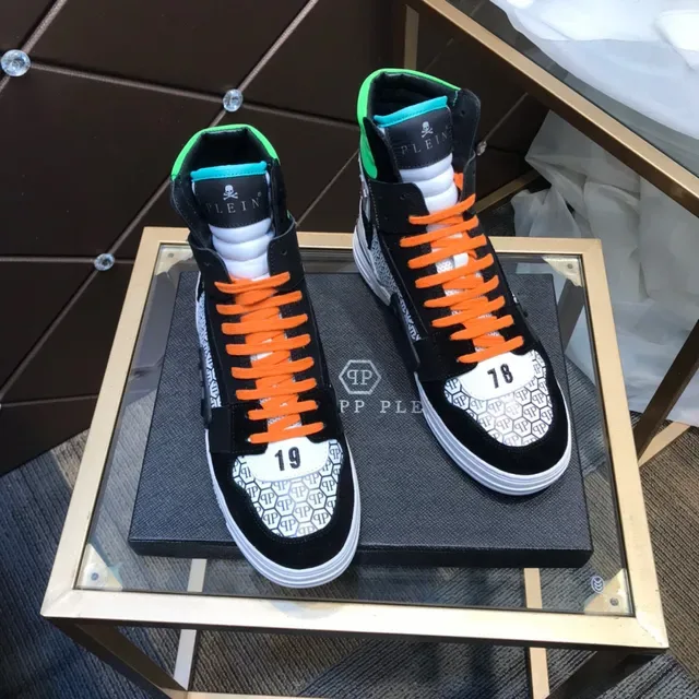 Philipp Plein Tênis de Cano Alto Preto Laranja Verde Padrão Hexagonal Lifestyle Tênis 7