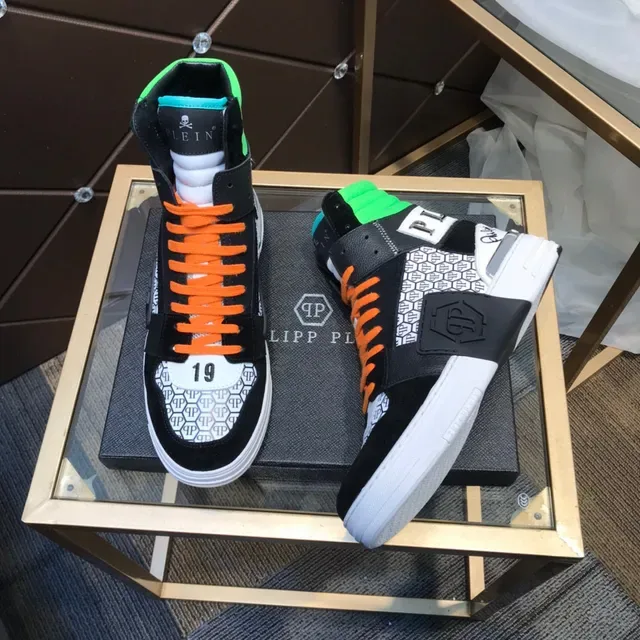 Philipp Plein Tênis de Cano Alto Preto Laranja Verde Padrão Hexagonal Lifestyle Tênis 8
