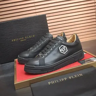 Philipp Plein तरल काला भूरा चमड़ा ऊपरी हेक्सागोनल PP लॉगो पैच लाइफस्टाइल स्नीकर