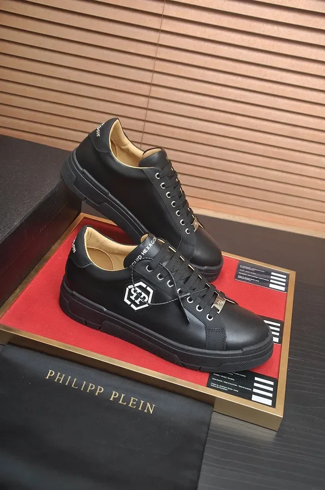 Philipp Plein তরল কালো বেইজ চামড়া উপরের হেক্সাগনাল PP লোগো প্যাচ লাইফস্টাইল স্নিকার 6