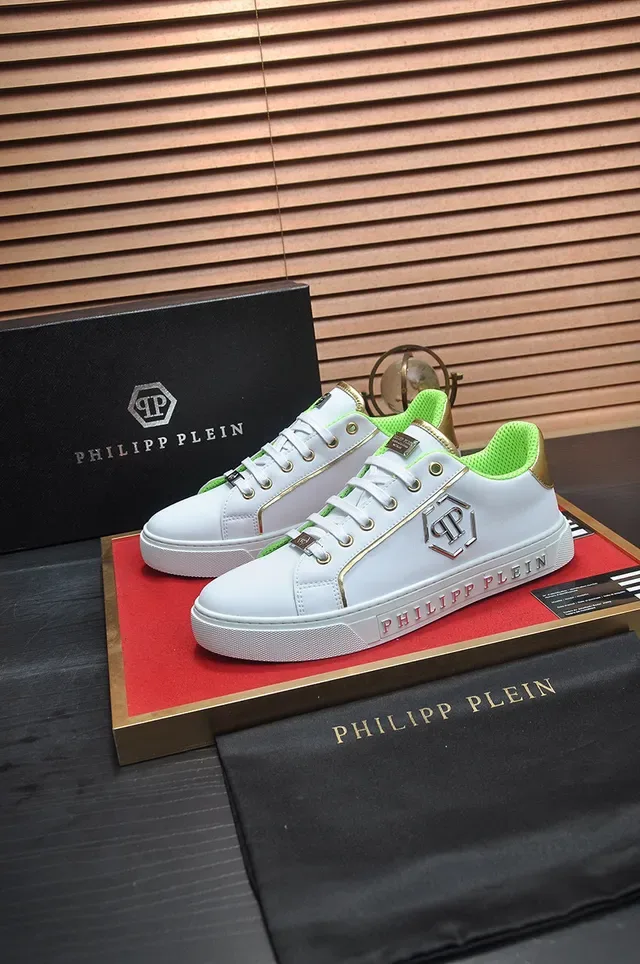 Philipp Plein Branco e Verde Neón Couro Lifestyle Sneakers 4