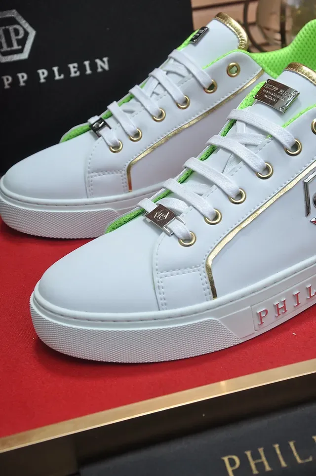 Philipp Plein Branco e Verde Neón Couro Lifestyle Sneakers 8
