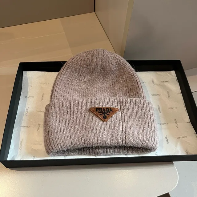 Prada Beige Brown tricot côtelé ourlet replié bonnet 6