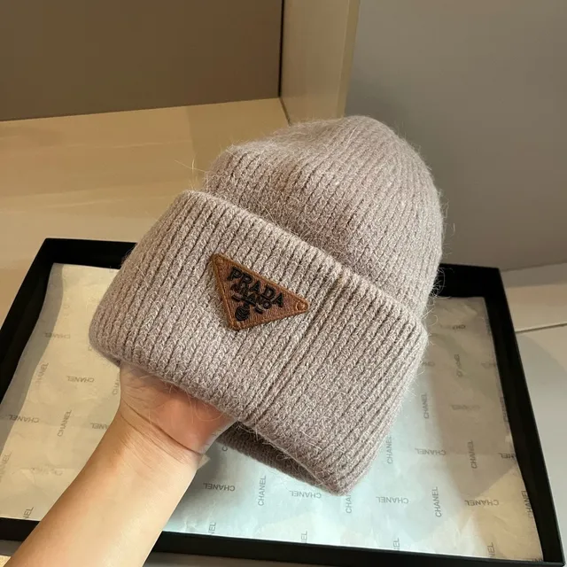 Prada Beige Brown tricot côtelé ourlet replié bonnet 7