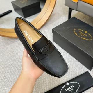 Prada Black Beige Leather Square Toe Loafer