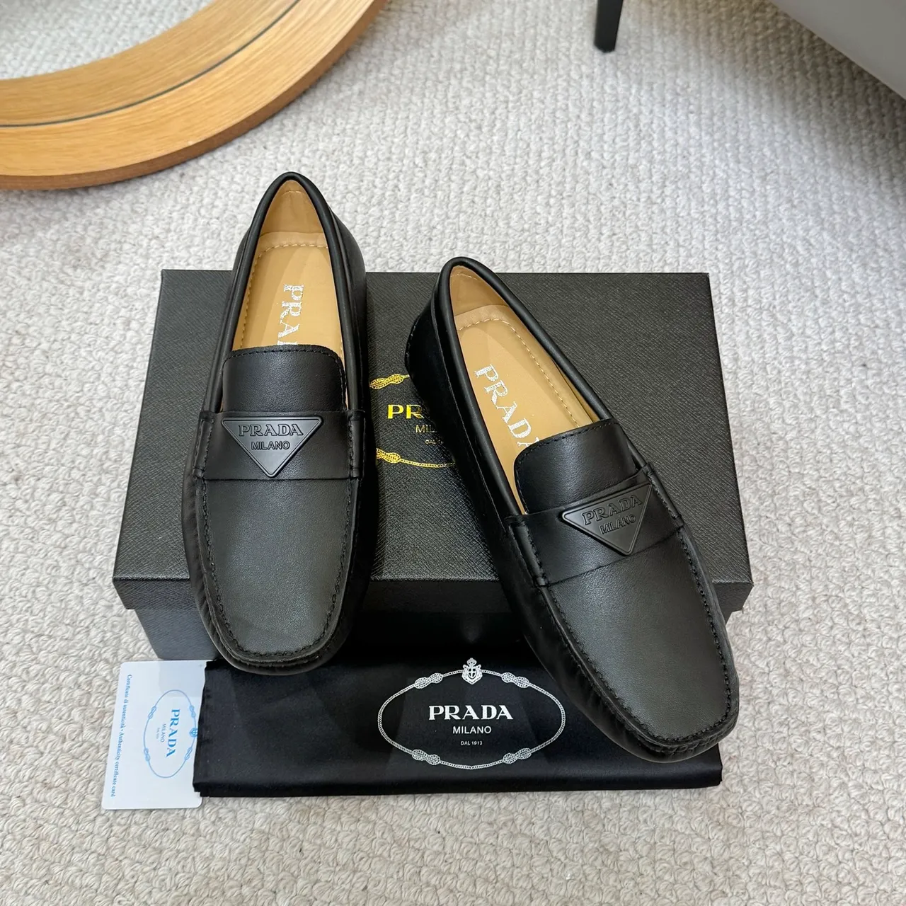 Prada Black Beige Leather Square Toe Loafer 2