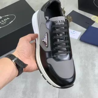 Prada Black Gray Mixed-Material Upper Glossy Leather Panels Lifestyle Sneakers