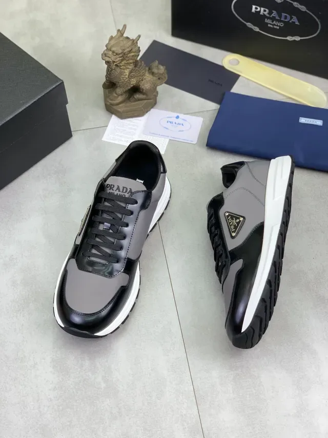 Prada Black Gray Mixed-Material Upper Glossy Leather Panels Lifestyle Sneakers 5