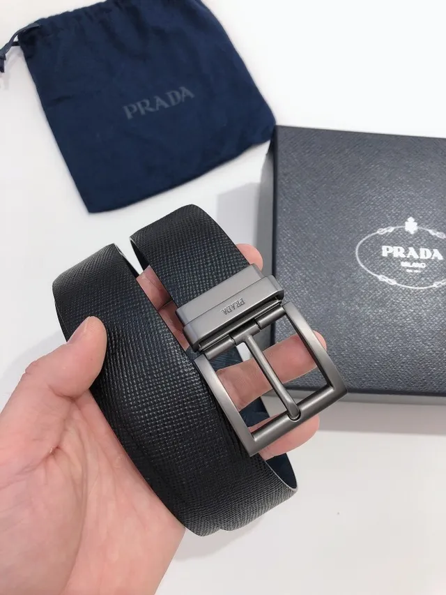 Prada Black Gray Textured Matte Gunmetal Buckle Leather Belt 5