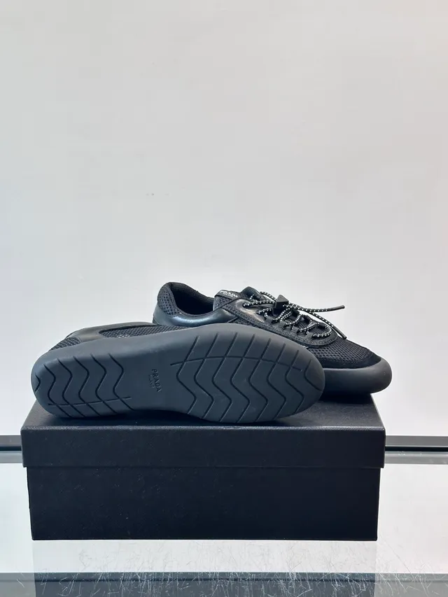 Prada Black Mesh-and-Leather Upper Triangular Lace Hardware Lifestyle Sneakers 2