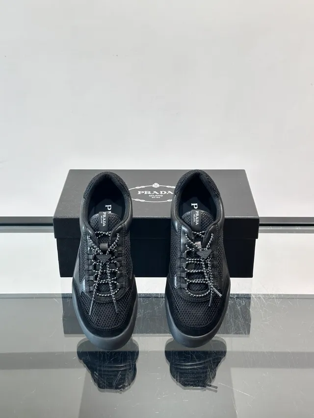 Prada Black Mesh-and-Leather Upper Triangular Lace Hardware Lifestyle Sneakers 4