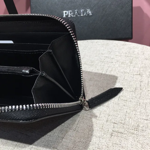 Prada Black Silver Saffiano Leather Texture Zip-Around Closure Long Wallet 2