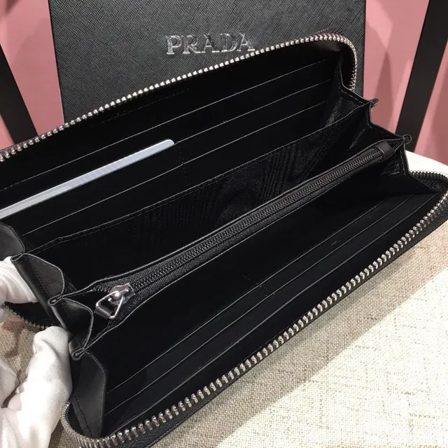 Prada Black Silver Saffiano Leather Texture Zip-Around Closure Long Wallet 3