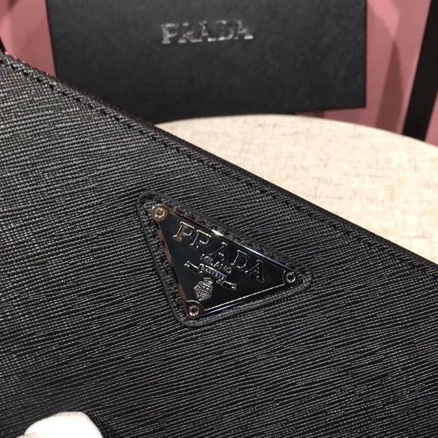 Prada Black Silver Saffiano Leather Texture Zip-Around Closure Long Wallet 4