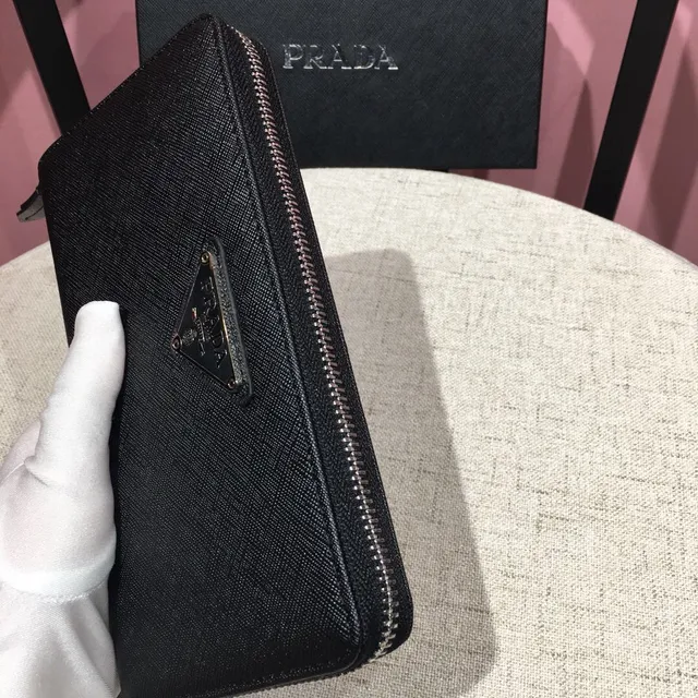 Prada Black Silver Saffiano Leather Texture Zip-Around Closure Long Wallet 5