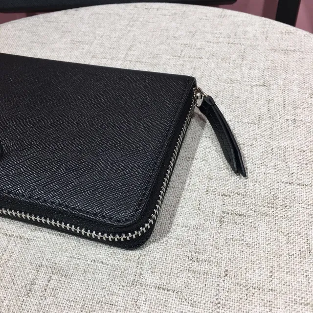 Prada Black Silver Saffiano Leather Texture Zip-Around Closure Long Wallet 6