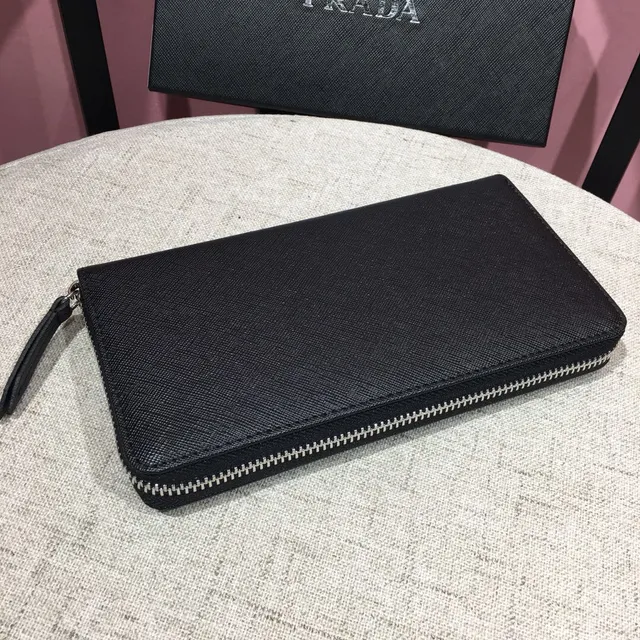 Prada Black Silver Saffiano Leather Texture Zip-Around Closure Long Wallet 7