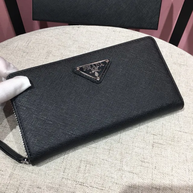 Prada Black Silver Saffiano Leather Texture Zip-Around Closure Long Wallet 8