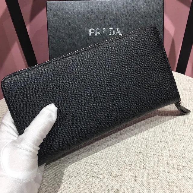 Prada Black Silver Saffiano Leather Texture Zip-Around Closure Long Wallet 9