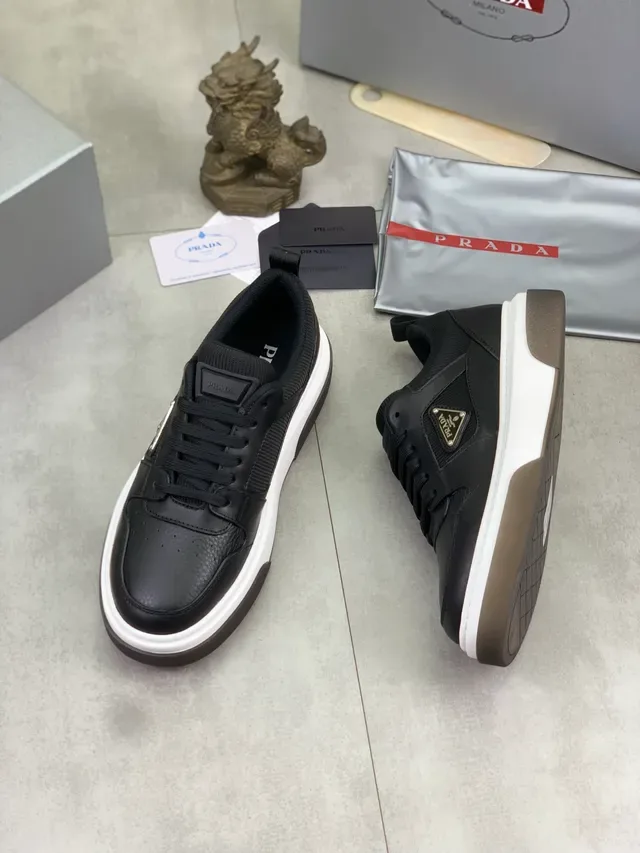 Prada Black White Leather And Mesh Upper Layered Platform Sole Lifestyle Sneakers 4