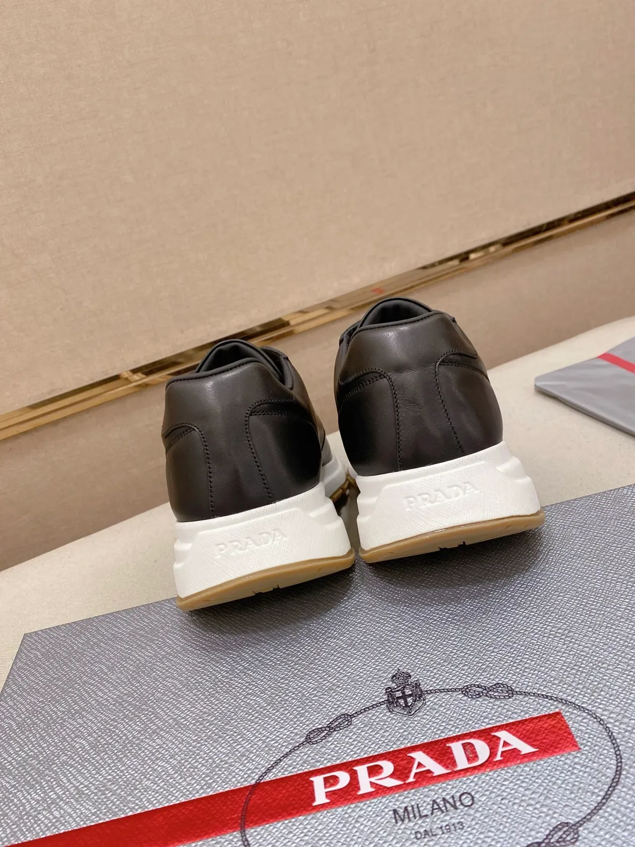 Prada Black White Leather-Paneled Upper Triangular Logo Patch Lifestyle Sneakers 3