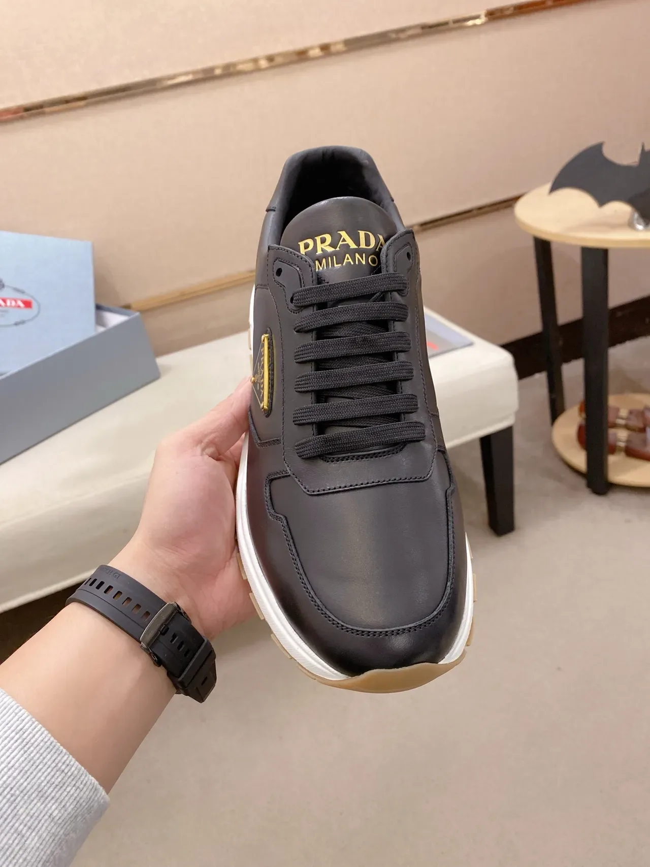 Prada Black White Leather-Paneled Upper Triangular Logo Patch Lifestyle Sneakers 5