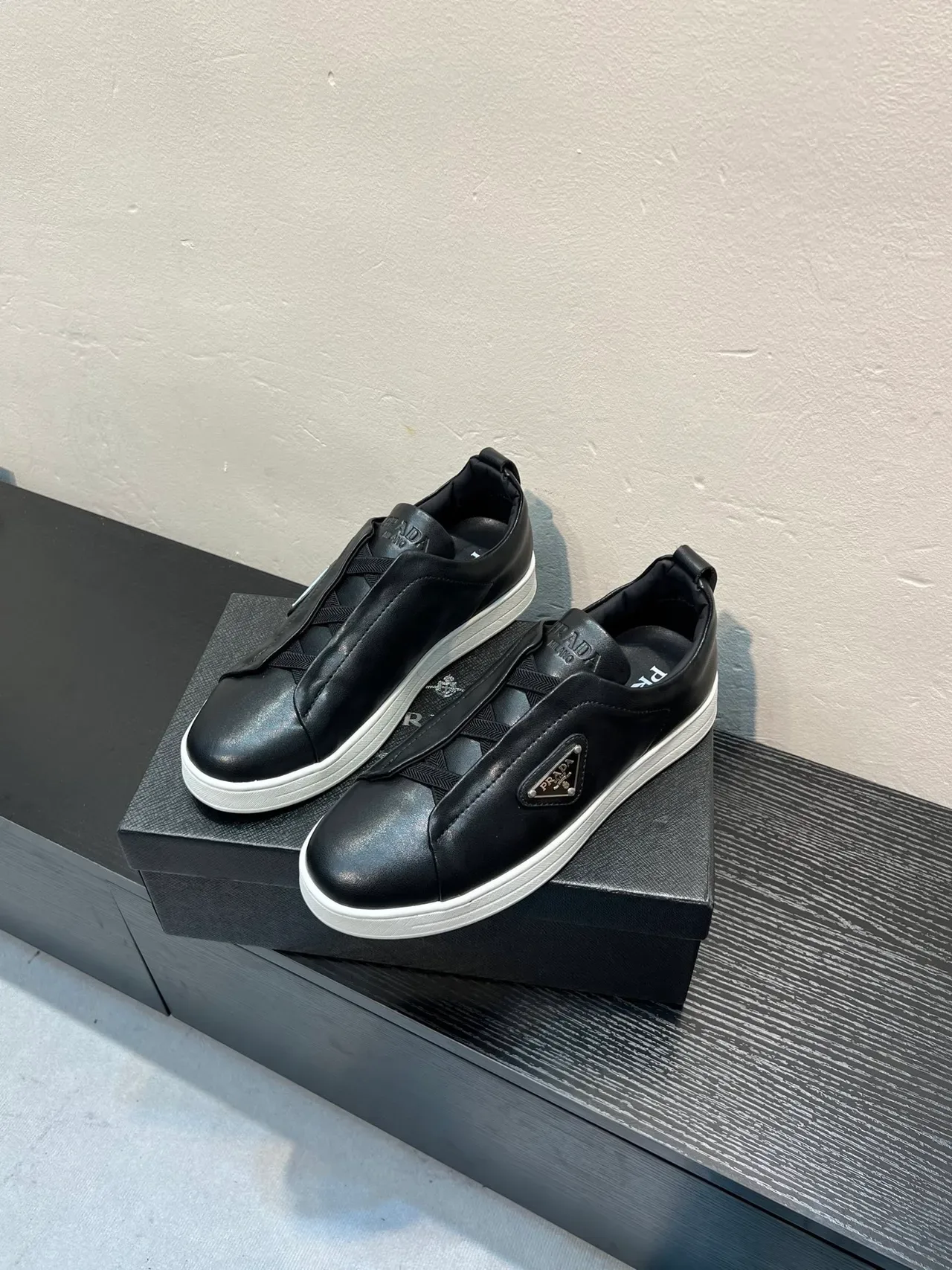 Prada Black White Slip-On Leather Upper Lifestyle Sneakers 3