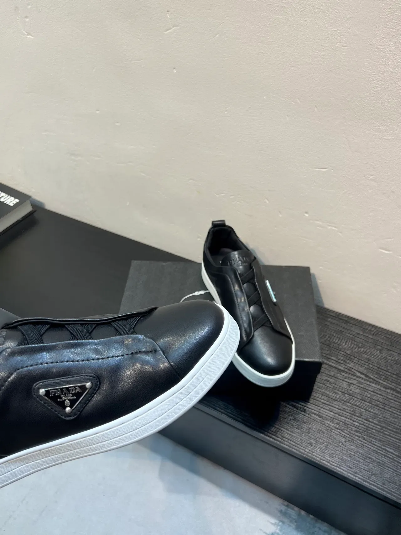Prada Black White Slip-On Leather Upper Lifestyle Sneakers 7