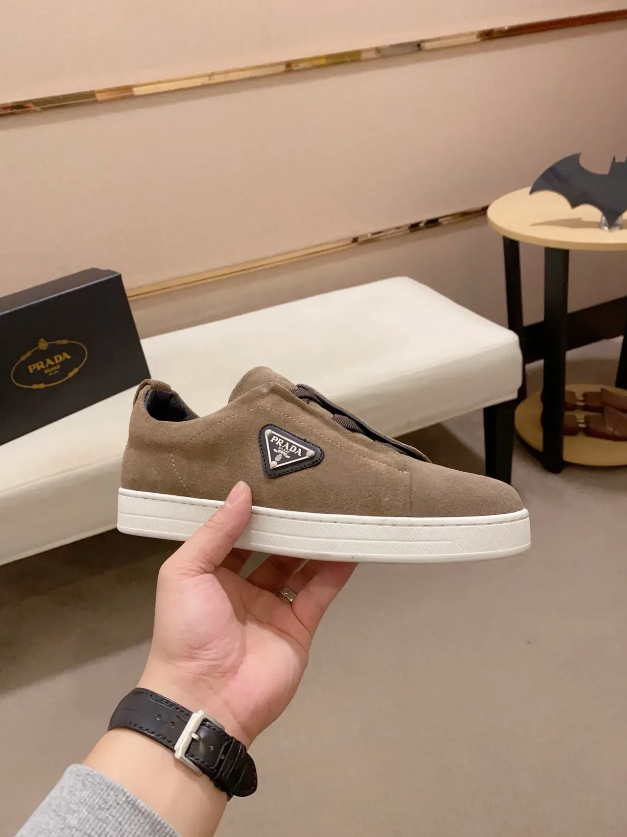 Prada Brown White Suede Upper Triangular Logo Patch Lifestyle Sneakers 4