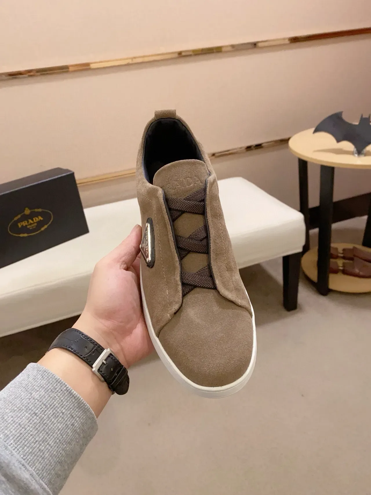 Prada Brown White Suede Upper Triangular Logo Patch Lifestyle Sneakers 5