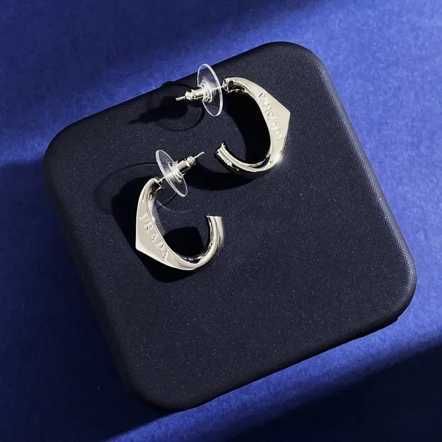 Prada C-Shaped Engraved Logo Silver-Tone Earrings 5